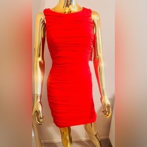 Calvin Klein Fire Red Ruched Mini Form Fitting Side Zip Dress, Size 2, NWT
